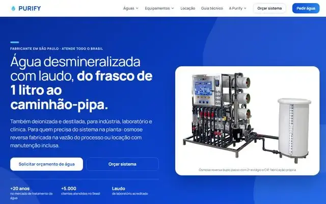 Página inicial do site da Purify